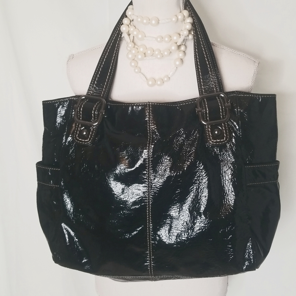 Fossil large shoulder bag genuine soft patent leather  12.5 x 13 x 4.5 goth girl